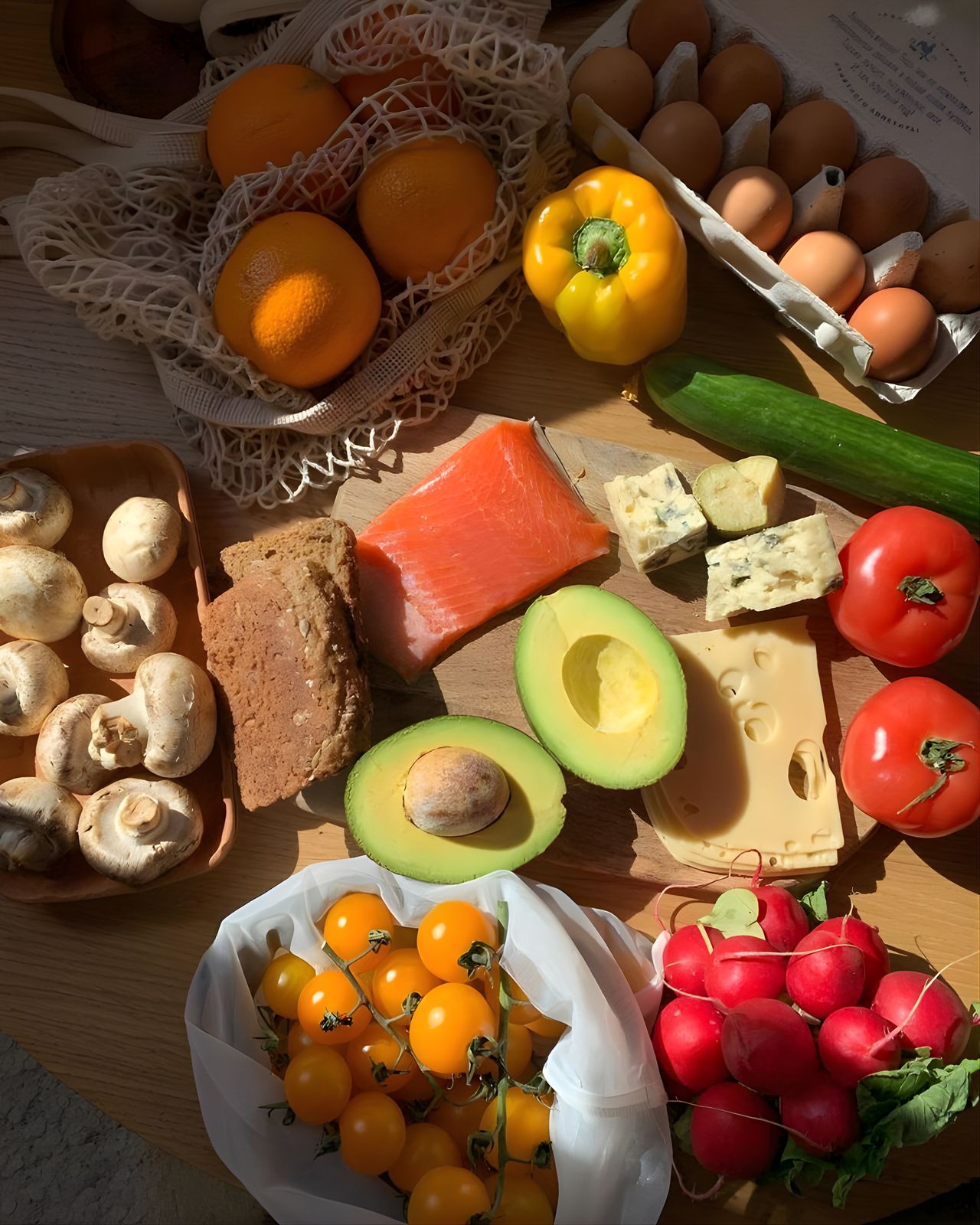 Mesa con verduras, frutas, salmón y huevos